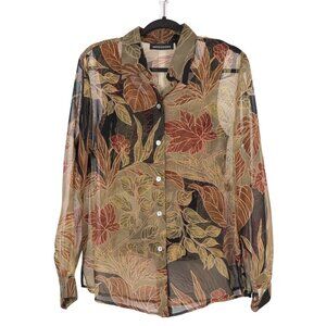 Impressions Sheer Blouse Tank Set L Women Floral Button Up Green Red Brown Fall